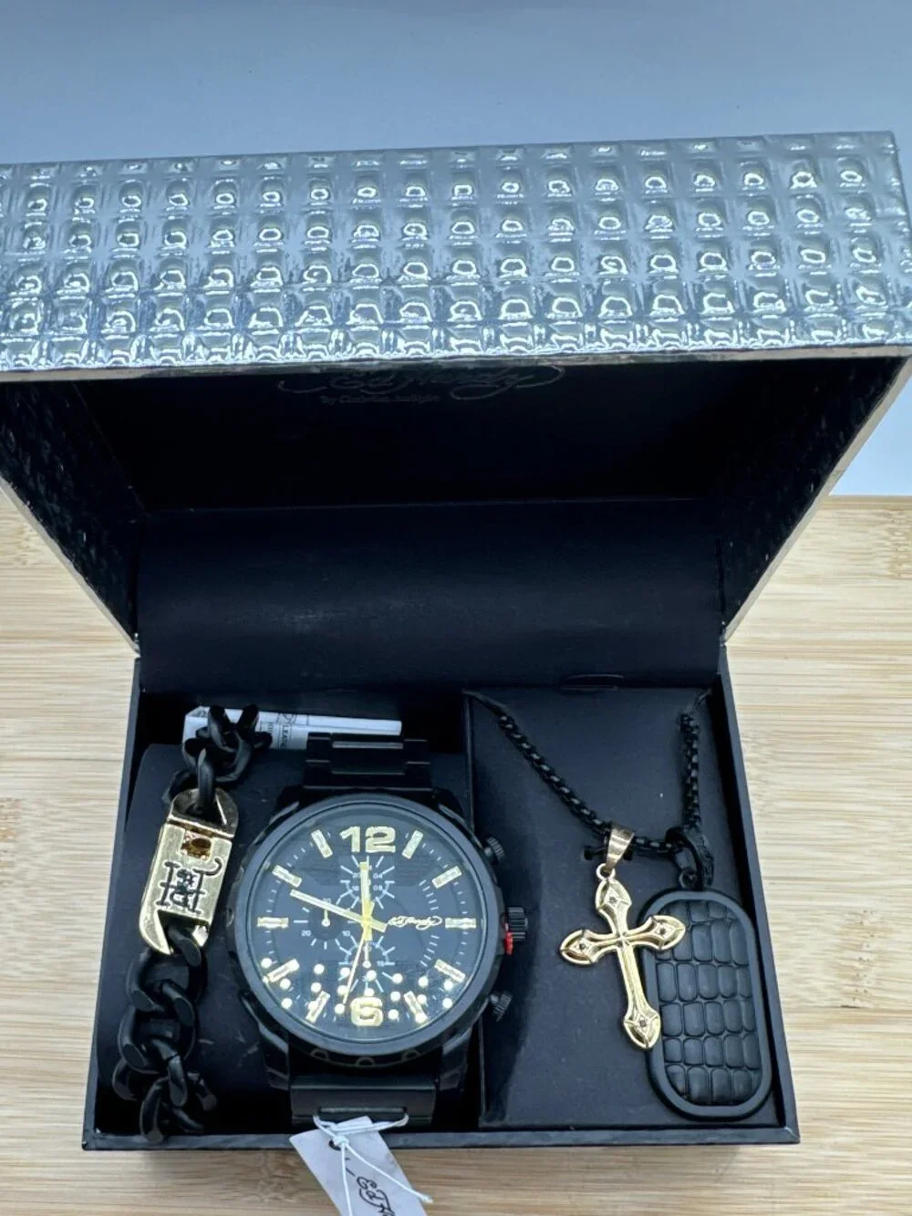 Ed Hardy Men's Matte Black Metal Bracelet Watch 50mm Gift Set